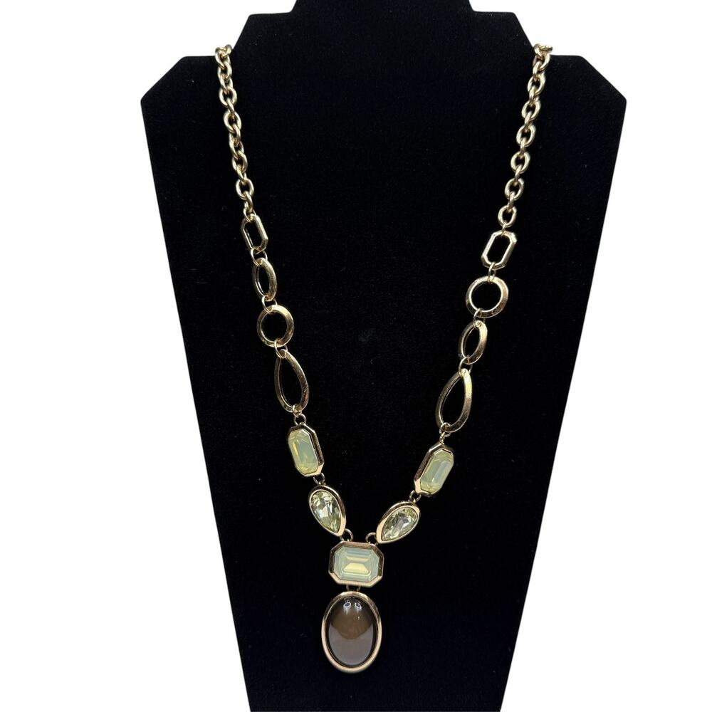 Gold Tone Multi-Stone Statement Pendant Necklace Clear & Olive Green Gemstone 26